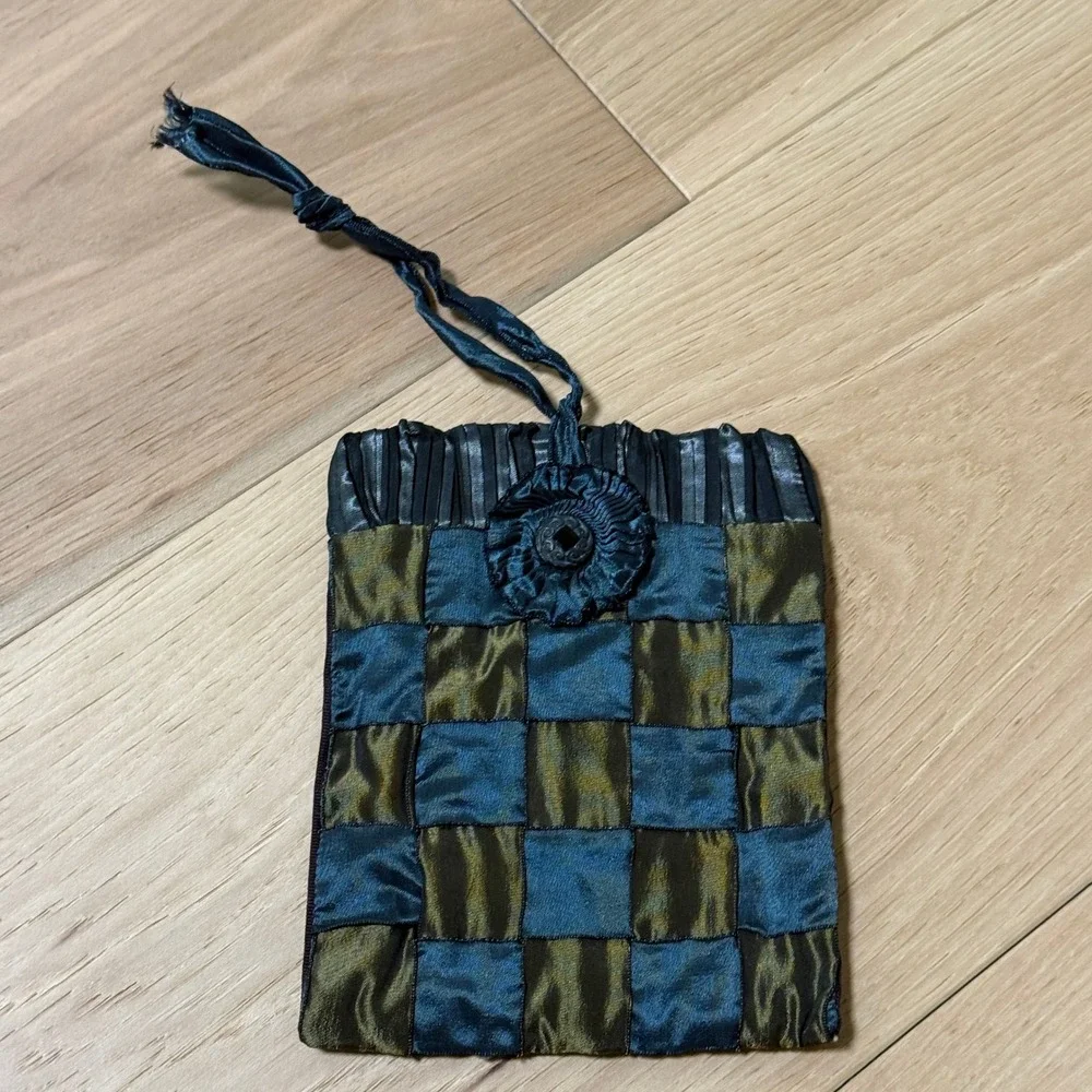 Woven Silk Brocade Mini Bag  Blue Gold Pleated Rosette Boho Festival Artisan